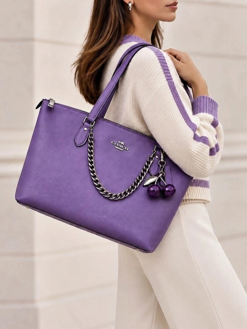 Coach Gallery Leather tote in purple with matching charm